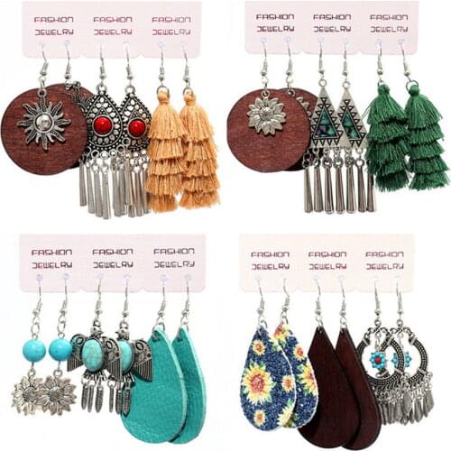 3 Pairs/Set Vintage Ethnic Earrings Set 2021 New Arrival Natural Wood PU Leather Natural Stone Statement Bohemian Jewelry