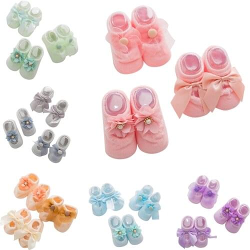 3 Pairs Newborn Infant Baby Girls BoysBowknot Scoks Baby Girls Princess Lace Flower Short Socks Kids Anti-Slip Solid Floor Socks