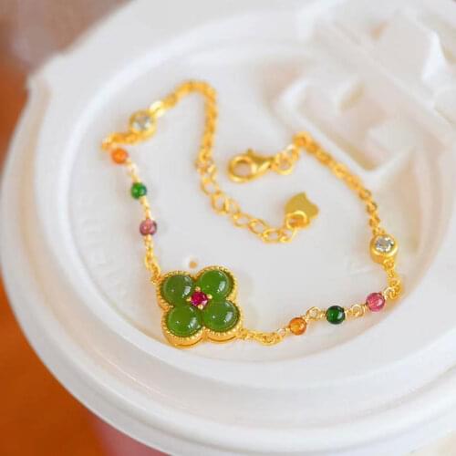 Original Natural Jasper Clover S925 Sterling Silver Bracelet Gold Inlaid Tourmaline Thin Bead Bracelet Womens Exquisite Fashion