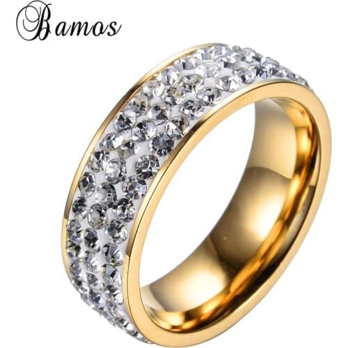 Size 6-12 Shiny Austrian Crystal Bead Titanium Steel Ring Wedding Party Women Men Love Rings Bague Homme Valentines Day R124