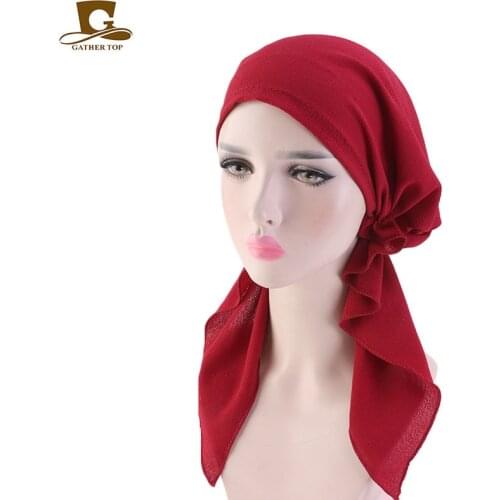 Fashion Women Turban Solid Color Pre-tie Headwear Chemo Cap