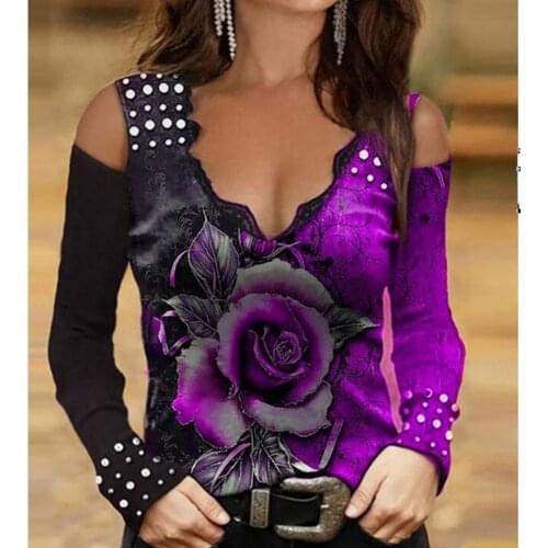 New Fashion Women Luxury Skinny Rose T-Shirt Flower Sleeve Printed Off-Shoulder Loose Clothing Rhinestone Long H4V5
