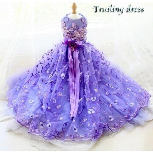 Handmade Clothes Dog Dress Purple Embroidery Pearl Flowers Lace Skirt Dancing Party Cat Pet Tailing Wedding Gown Poodle Maltese