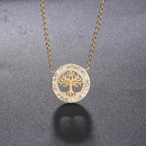 18K Real Gold Plated Stainless Steel Tree of Life Zircon Round Pendant Necklaces Women Trendy Chokers Jewelry Gifts Dropshipping