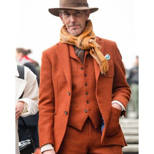 Jacket+Pant+Vest) Fall Winter Vintage Orange Tweed Notch Lapel 3 Piece Slim Fit Warm Blazer Fashion Streetwear Custom Made