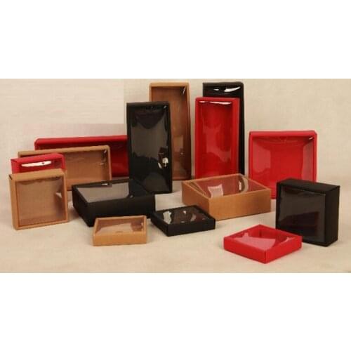 11*11*2.5cm stock earring /necklace jewelry box kraft paper gift box with transparent pvc window