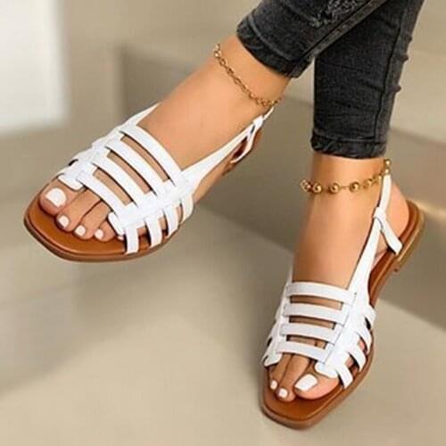 Womens Sandals Summer Flat Beach Shoes Outdoor Open Toe Sandalias Mujer Gladiator Rome Black White Casual Shoes Plus Size 35-43