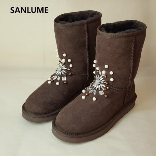 SANLUME Women Winter Sheepskin Fur Snow boots 100% Real Leather String Bead Classic Coffee keep warm Boots Size 42