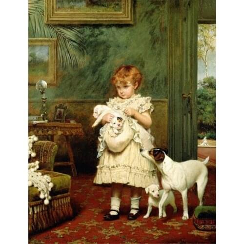 Embroidery The Little Girl and the Pet Dog Needlework Cute Child 14CT Unprinted DIY Cross Stitch Kits Handmade Arts Decor