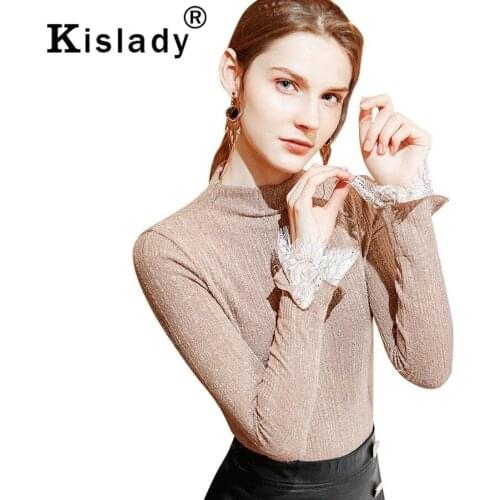 2020 Spring Fall Womems Shining Long Sleeve Gothic Shirt Sexy Lace Patchwork Blouses Harajuku OL Turtleneck Korean Clothes