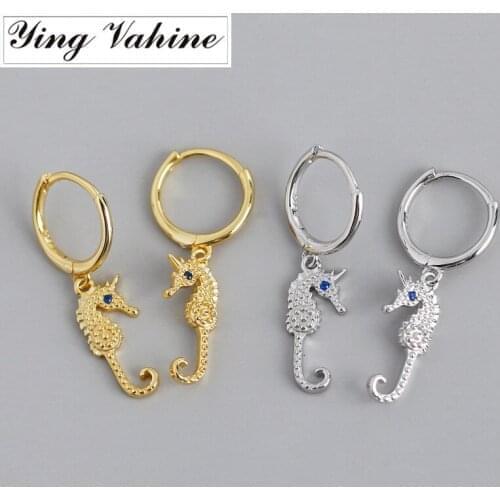 Ying Vahine 100% 925 Sterling Silver Animal Small Sea Horse Pendant Stud Earrings for Women