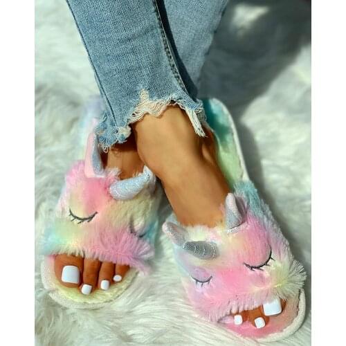 Women Slippers Fur Plush Close Eyes Unicorn Flat Heel Indoor Slides Ladies Living Room Shoes Multi Color Rianbow Home All Season