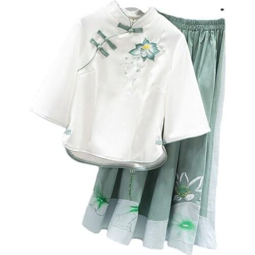 2021 Summer Fashion Women Teperament Flower Embroidery Cheongsam Top Blouse+Elastic Waist Floral Skirt 2 Piece Set Casual Shirt