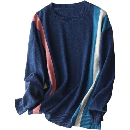 Shuchan Women Sweater 100% Cashmere Pullover Striped Casual A-straight V-Neck New Year Sweaters 2021 Knitted Items Blue