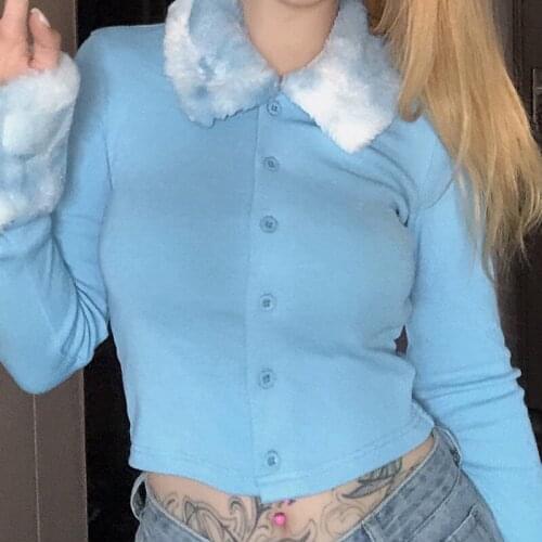 Harajuku Kawaii Knitwear 2021 Autumn Spring New Y2K Knitted Cardigans Sweaters Fashion Fur Trim Collar Long Sleeve Jumpers Women