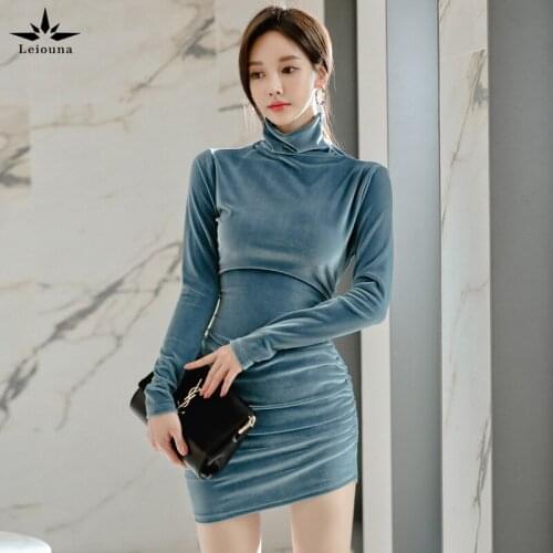 Leiouna Blue Shirring New Korean Lady Long Sleeve Turtleneck Velvet Autumn Slim Elegant Club Party Women Clothing Mini Dress