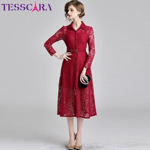 TESSCARA Women Autumn Elegant Office Lace Dress Shirt Festa Female Designer Long Sleeve Party Vestidos Vintage Red Robe Femme
