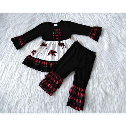 Wholesale/retail girl Christmas outfits baby girls hipster deer long sleeve top and black pants 2 pcs sets with lace