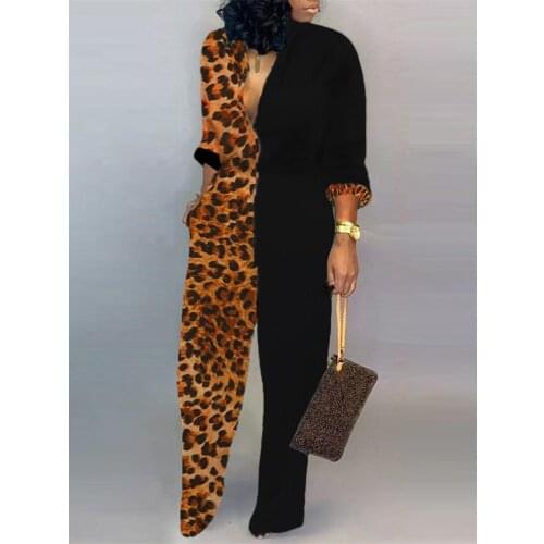 2020 Autumn Women Elegant Plus Size 3XL V Neck Casual Jumpsuits Female Party Leisure Plunge Colorblock Insert Leopard Jumpsuit