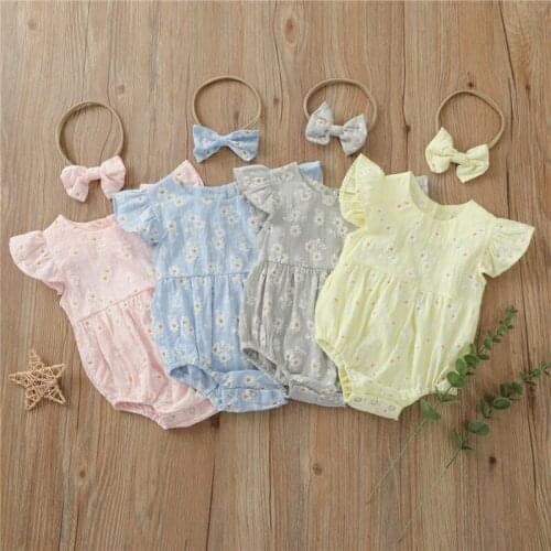 2021 Infant Flying Sleeve Small Daisy Print Fold Decoration Bodysuits+ Bow Headdress Summer Clothing Nebworn Baby Girl Clothing