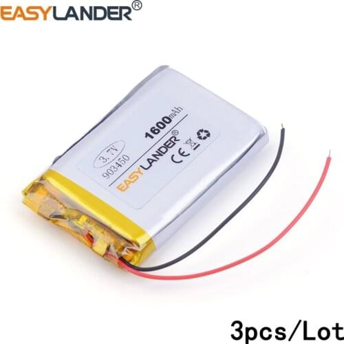 3pcs /Lot 903450 1600mAh 3.7v lithium Li ion polymer rechargeable battery for mp3 MP4 MP5 Speaker E-book tablet pc PAD PSP
