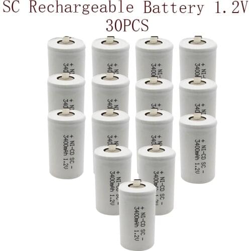 30Pcs SUB 1.2V SC Sub C Ni-Cd Rechargeable Battey 3400mAh NiCd SUBC Cells Screwdriver Electric Drill SC Batteries Power Tool