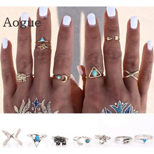 7 Pieces Retro Bohemian Elephant Arrow Leaf Palm Rings Set Lmitation Carved Personality Joint Knuckle Nail Art Rings