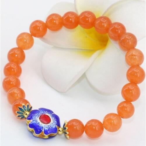 Semi-precious stone beads orange jades chalcedony 8mm round beads bracelets for women cloisonne elegant jewelry 7.5inch B2686