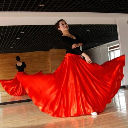 Long Style Women Spanish Stage Wear Dance Performance Flamenco Skirt Costumes Satin High Quality Polyester 360-720 Degree Skirt
