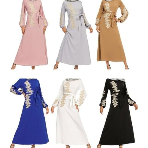 Women Muslim Puff Long Sleeve Maxi Dress Beading Lace Applique Belted Robe Abaya