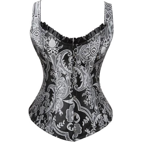 Womens Steampunk Gothic Brocade Corset Top Hourglass Steel Boned Bustier Vest Shoulder Straps Tank Lace Up Jacquard Corsets 2XL
