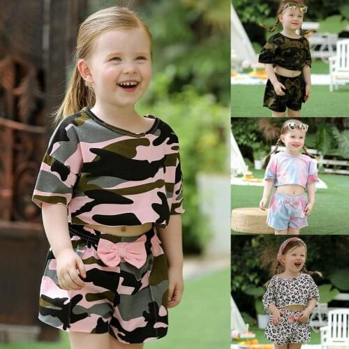 Baby Clothes Outfits Toddler Kids Baby Girls Camouflage Tie-Dye Leopard Tops T-Shirt and Shorts Outfits 2 pcs Tracksuits Sets