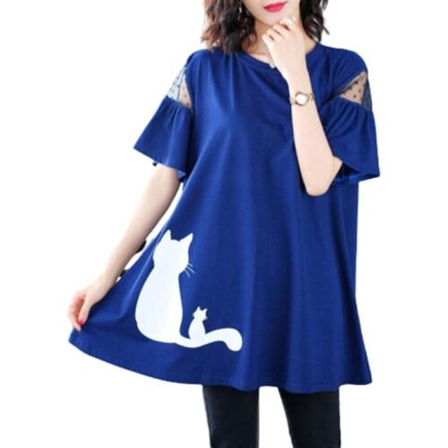 6XL Oversized Lace Short Sleeve T Shirt Women Elegant Cat Printing Kawaii Befree Harajuku Plus Size Summer Top Aesthetic Clothes