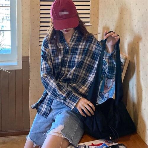 Ins Korean 2020 New Fresh Wild Design Sense Niche Plaid Harajuku Loose Women Shirts Long-sleeved Tops For Female