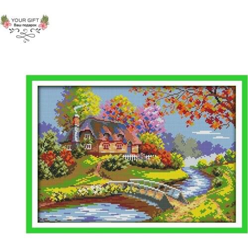 Joy Sunday F696 14CT 11CT Counted and Stamped Home Decor The Outskirts Cabin Needlework Needlepoint Cross Stitch kits