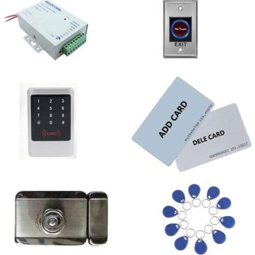 Access control kit,metal shell access control +power+inteligent mute lock+ exit button+10 keyfob ID tag,sn:Tset-9