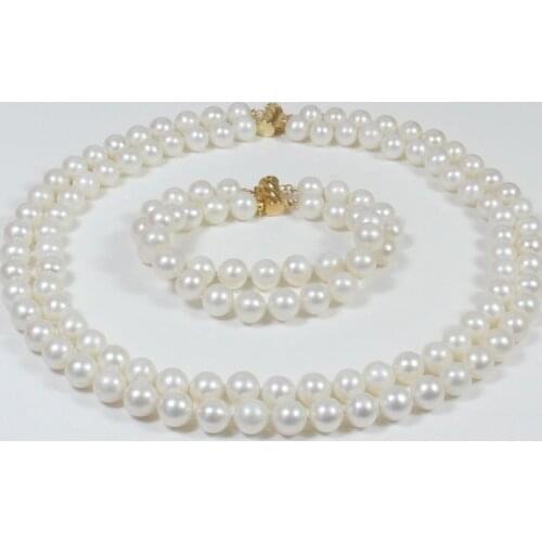 Set AA 9-10mm white pink yellow Natural Fresh water pearl necklace