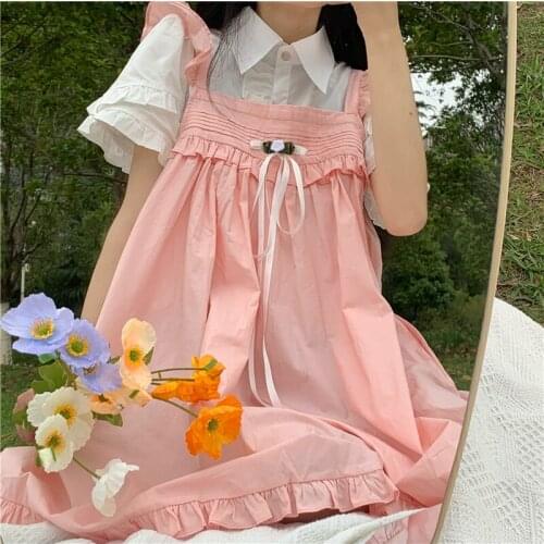 Korean Harajuku White Shirt Summer Women Cute Pink Flying Sleeves Suspender Dress Japanese 2021 New Student Blouse 2 Piece Set