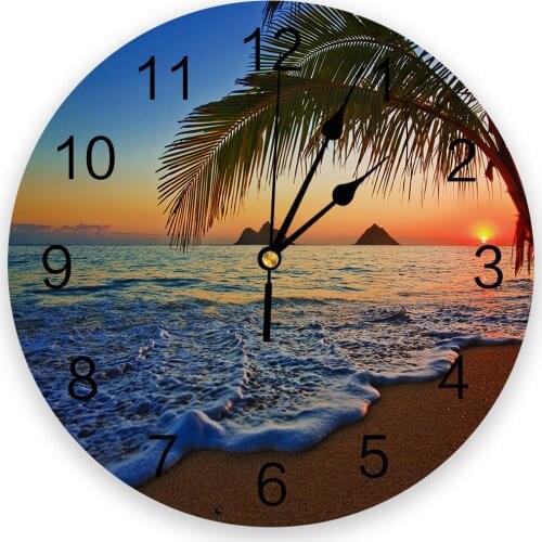 Sunset Beach Coconut Tree Round Wall Clock Creative Home Decor Living Room Quartz Needle Wall Clocks Hanging Watch