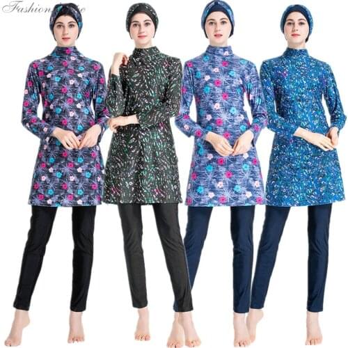 Islamic Womens Flower Printed Swimming Hijab Swimwear Modest Full Length Active Burkinis Muslim Fitness Swimsuit Beach Clothes