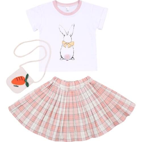Baby Girls Summer casual Outfits Two Piece Suit Cartoon Rabbit Printed Short-sleeved T-shirts and Plaid Short Pleated Skirts