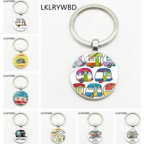 LKLRYWBD / Car Camper Keychain Cartoon Cute Tourist Cabochon Glass Handmade Keychain Traveler Beautiful Keychain Gift