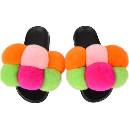 Fur Slippers Natural Rabbit Fur Fashion Fluffy Cute Plush Plush Ladies Flip Flops Summer Home Outdoor Non-Slip Flat Sandals