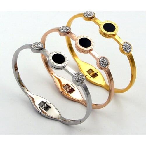 Fashion Stainless Steel Better Shell Roman Numerals Crystal Round Spring Bangle Bracelet Rose Gold Color Woman Party Gift