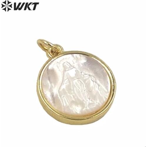MP173 Small Shell Women Pendant Round shape gold metal Bezel Mother of mary Pendant Religious White shell Pendant