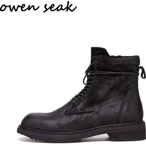 Owen Seak Men Riding Boots Casual Shoes Genuine Leather High-TOP Rock Men Ankle Boots Luxury Trainers Lace-up Flats Black Shoes