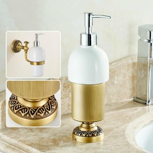 Desktop Antique Brass Liquid Soap Dispenser, Hotel Countertop Collection, Brass / Ceramic Material, Wall Mounted Holder WJ11