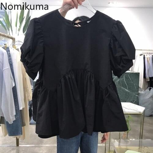 Nomikuma Sweet Women Doll Shirt Korean Bow Tie O-neck Causal Top Blusas 2021 Summer New Ruffle Blusas Mujer De Moda 6G272