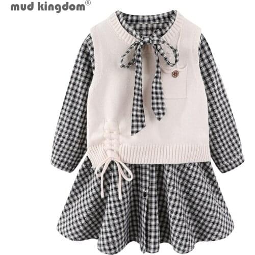 Mudkingdom Girls Dress Outfits Knit Sweater Vest Fashion Plaid Long Sleeve Lapel Ruffled Dress Girls Clothing Set