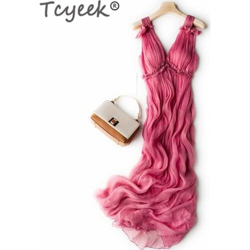 Tcyeek Summer Boho Dress Women 100% Real Silk Dresses Elegant Sexy Sleeveless Beach Evening Party Dress Maxi Vestidos Ropa Mujer